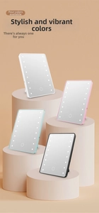 Detail showing four colors of LED makeup mirrors with touch sensor on cylindrical pedestals