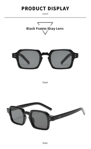 Front and side view of square black frame sunglasses with grey lenses and silver rivets