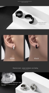 Detailed view of 316L titanium steel clip-on earrings in black and silver finishes