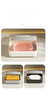 Detail of multi-color minimalist soap box with transparent lid for travel and bathroom