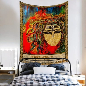 Detail view of Bohemian Tarot The World tapestry hanging in a modern bedroom interior