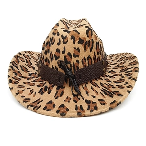 Western leopard print cowboy hat with studded brown leather band on white background