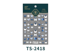 Detail view of 3D embossed heart and floral nail art stickers with blue and white designs