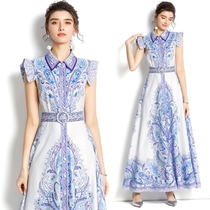 Women Maxi Dress Elegant Paisley Print Sleeveless Ruffle Lapel Collar Single Breasted Belted A-Line Swing Bohemian Vintage