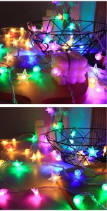 Detail of waterproof solar LED star and globe string lights with RGB colorful glow