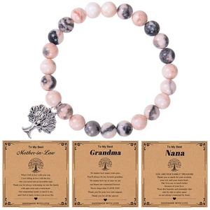 Pink zebra stone bracelet with tree of life charm and personalized gift cards