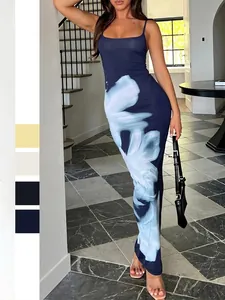 Vestito Lungo Con Spalline Sottili Da Donna Vestibilità Aderente Scollo A U Stampa Floreale Astratta Vacanze Estive Mare
