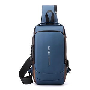 Detail view of water-resistant chest bag with integrated USB port and anti-theft lock