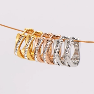 French luxury crossover stainless steel hoop earrings with sparkling cubic zirconia in three colors