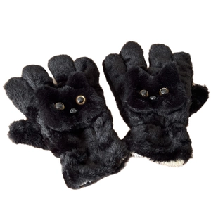 Cute black plush cat-shaped winter gloves with thick windproof fur and adorable 3D ears