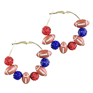 Boucles d'oreilles créoles rugby avec perles football et boules strass rouge bleu
