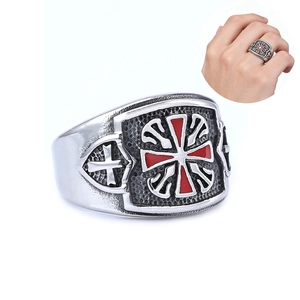 Vintage Cross Ring Stainless Steel With Red Enamel Gothic Punk Style Jewelry For Men And Women