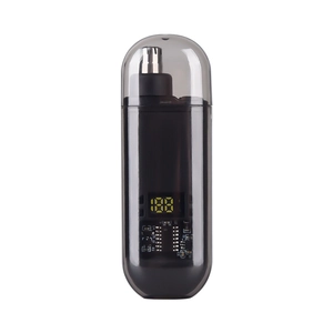 Electric nose hair trimmer with transparent shell and LED battery display on white background