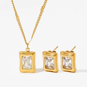 Elegant gold-plated stainless steel jewelry set with square zircon necklace and earrings