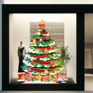 Creative green Christmas tree window sticker with gift boxes for shop glass door decor