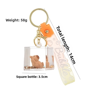 Détails du porte-clés Capybara avec bouteille acrylique et dragonne en silicone orange