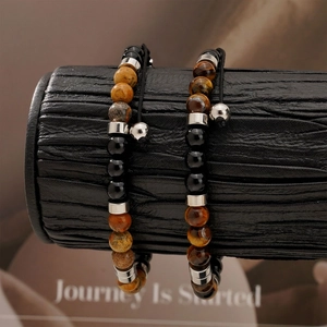 Men Beaded Bracelet Natural Tiger Eye Map Jasper Stone Adjustable Braided Rope Stainless Steel Minimalist Jewelry Gift