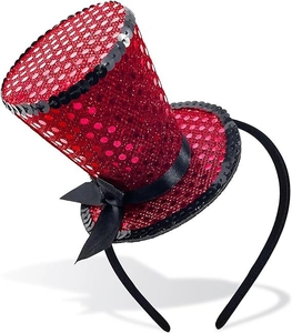 Detail view of a red sequined mini witch hat headband featuring a black satin ribbon bow