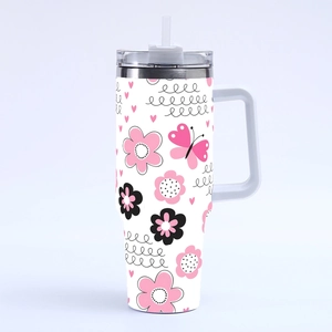 40oz insulated travel tumbler with pink floral and butterfly pattern, handle and straw