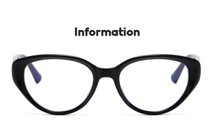 Macro shot of black cat-eye glasses frame with blue light blocking lenses and Information text