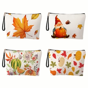 Fall themed canvas makeup bag set featuring maple leaves and pumpkin gnome prints