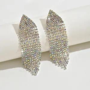 Detail of long waterfall tassel earrings with colorful AB rhinestones and silver base