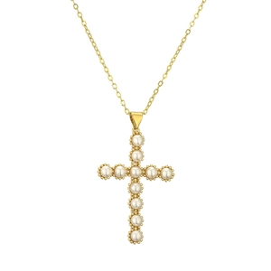 Golden cross necklace with micro-set pearls on a delicate gold chain for women