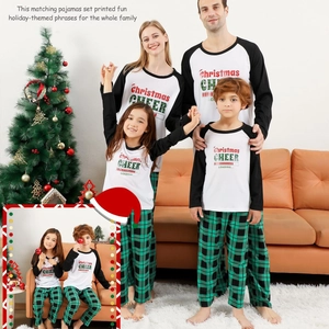Family Christmas pajamas set featuring letter print raglan tops and green plaid pants