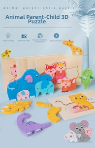Detail of wooden 3D animal puzzles featuring parent-child nesting designs for kids
