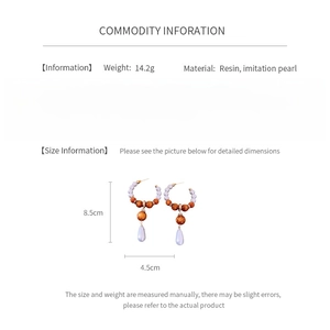 Detailed size information and material specs for resin water drop pearl earrings
