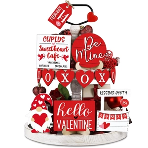 12-piece Valentine's Day tiered tray wood decor set with heart motifs and gnome signs