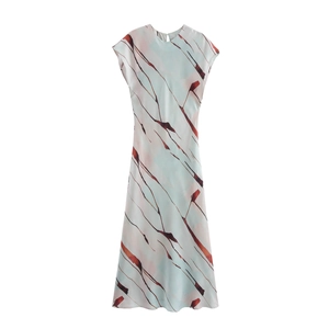 Dames Abstracte Print Satijnen Maxi Jurk Mouwloos Ronde Hals Elegant Hoge Taille Rugloos Feest Lange Jurk