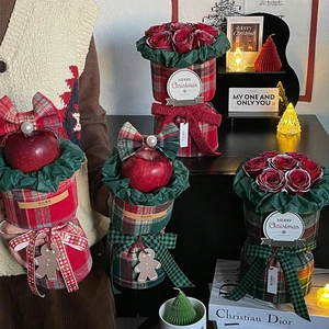 Christmas plaid fabric gift box with red apple rose bouquet and pearl bow decoration