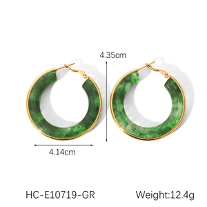 Detailed view of green marble resin hoop earrings with gold clasp and size dimensions