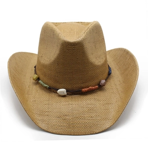 Classic straw cowboy hat with colorful ethnic bead band and wide brim for sun protection