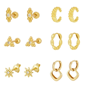 Minimalist geometric gold earring set featuring studs and hoops in a 6-pair collection