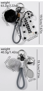 Detail view of heart and tennis racket keychains with measurements and weight specifications