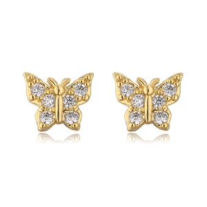 Pendientes de mariposa mini bañados en oro de 18K con circonitas sobre fondo blanco puro
