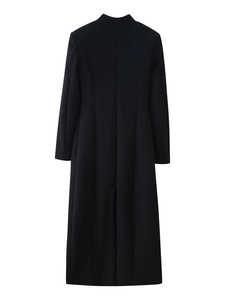 Rear view detail of black long coat with stand collar and clean tailored silhouette