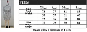 Size chart showing XS to L dimensions for a sequined high neck long sleeve dress