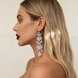 Close-up of sparkling rhinestone flower tassel chandelier earrings worn by a model