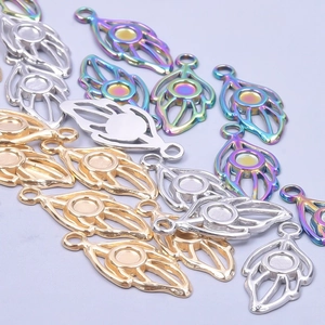 Leaf shaped stainless steel DIY charms with round base in gold, silver and rainbow finish