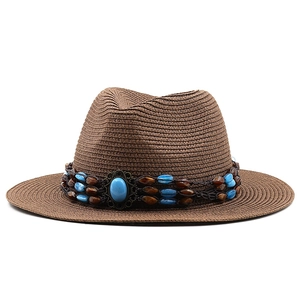 Chapeau de paille marron style cowboy avec perles ethniques et turquoise bohème