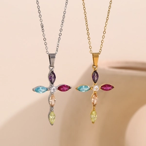 18K gold and silver stainless steel cross necklaces with colorful zircon stones