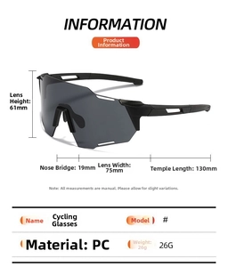 Detailed technical diagram showing professional cycling sunglasses dimensions and PC frame size