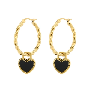 Boucles d'oreilles torsadées dorées 18K avec breloques cœur et émail noir chic