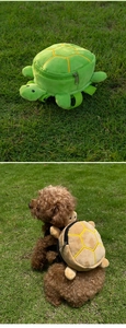 Close-up of turtle shaped plush pet backpack with adjustable straps for small dogs