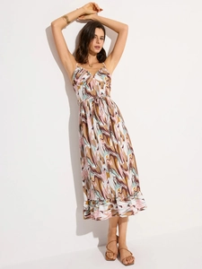 Robe midi rose à imprimé marbre pour femme avec col en V, cordon et ourlet volanté