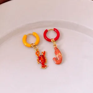 Summer beach style titanium steel enamel lobster and shrimp hoop earrings for women