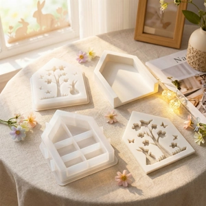 Silicone rabbit house molds for DIY resin crafts with intricate tree and bird patterns